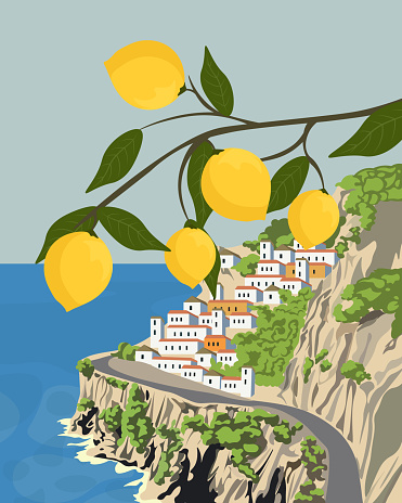 Vector illustration. Amalfi, Italy. Design for poster, banner, postcard. Tourism, adventure