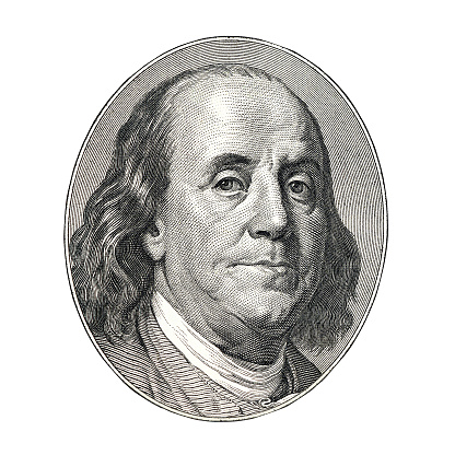 Benjamin Franklin cut from old 100 dollars banknote isolated on white background. Fragment