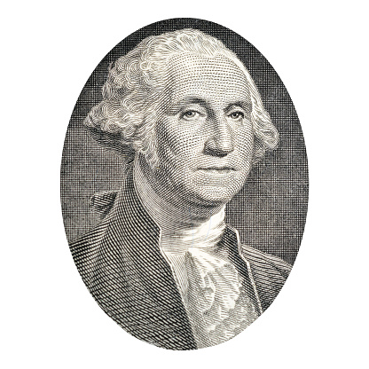Portrait of US president George Washington. Face Washington on USA 1 dollar bill closeup isolated. America money