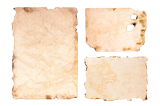 Set of old paper sheet. Burnt manuscript or parchment isolated on white background