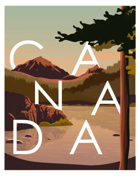 Vector illustration of Canada travel poster Banff National Park Alberta banner, postcard