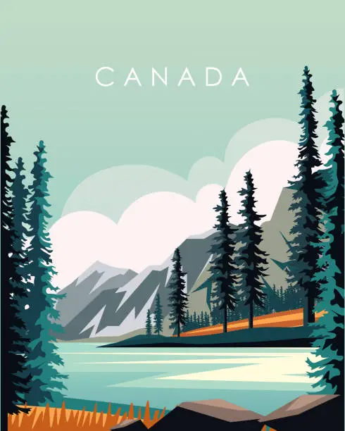 Vector illustration of Canada travel poster Maligne Lake, Canadian Rockies