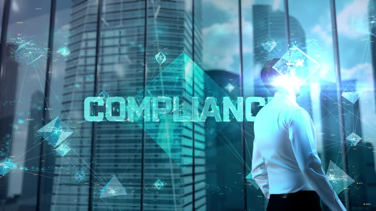 Compliance. Businessman Working in Office among Skyscrapers. Hologram Concept