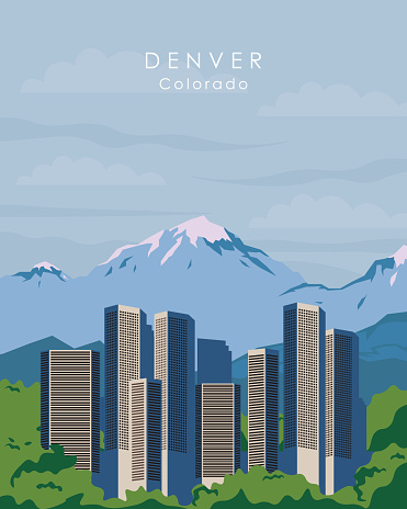 Poster design for Denver, Colorado, USA. City center, business center, mountains, park. Modern design