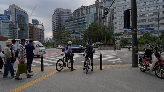 Seoul, Sejong-daero, South Korea - 06.26.2023, public transport traffic on the central street of Seoul