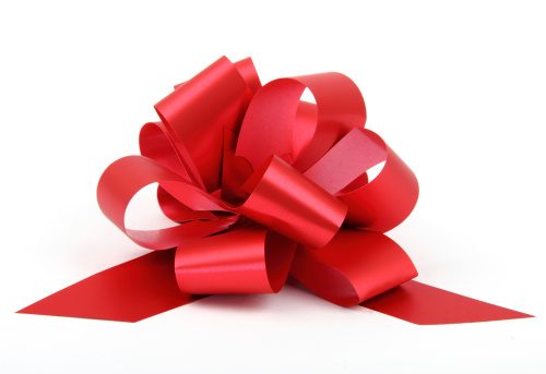 plastic single red ribbon with bow, for gift-box, isolated on white background.