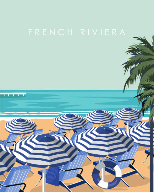 French Riviera travel poster Vector illustration French Riviera travel poster. Sea, resort, beach, design for poster, banner, cover, design for packaging, tourism, travel. france village blue sky stock illustrations
