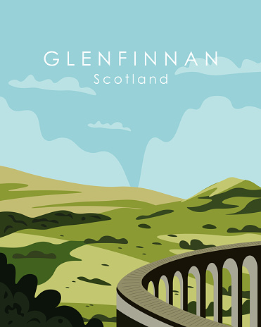 Vector illustration Glenfinnan, Scotland. Design for poster, banner, postcard, cover design, travel guide, book cover, notebook cover. Nature. Tourism.