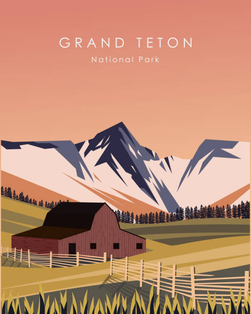 плакат о путешествии по национальному парку гранд-титон - teton range illustrations stock illustrations