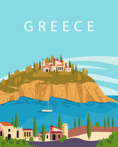 ilustraciones, imágenes clip art, dibujos animados e iconos de stock de cartel de viaje de grecia - greece greek islands town village