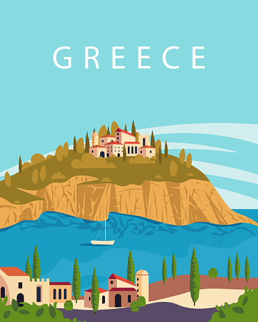 Vector illustration. Travel poster Greece. Design for postcards, posters, banners, travel guide covers.