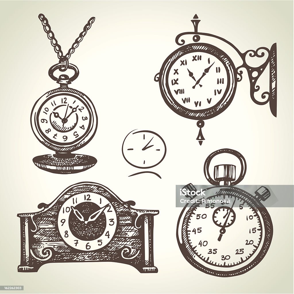 Main dessiné ensemble d'horloges et de montres - clipart vectoriel de Cadran libre de droits