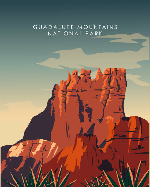 Guadalupe mountains national park travel poster Vector illustration. USA. Design for poster, cover, travel postcard, travel guide. Tourism, travel. carlsbad texas stock illustrations