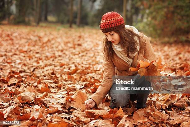 Foto de Menina Na Floresta De Coleta De Folhas Secas De Outono e mais fotos de stock de 20 Anos