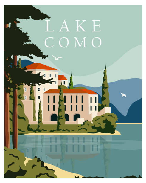 ilustrações, clipart, desenhos animados e ícones de lago como banner cartaz de viagem itália - liguria