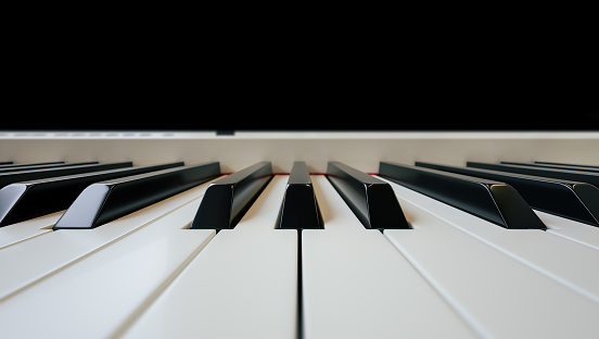 3d illustration digital piano or synthesizer white angle shot. Closeup of 3d render of piano keys