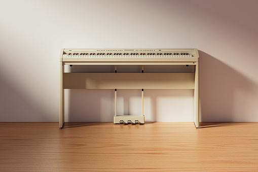 3d illustration of digital piano or synthesizer at the evening, indoor shot. 3d render of white digital piano in the room