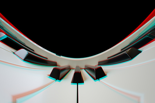 3d illustration digital piano or synthesizer white angle shot with distortion and glitches. Closeup of 3d render of piano keys