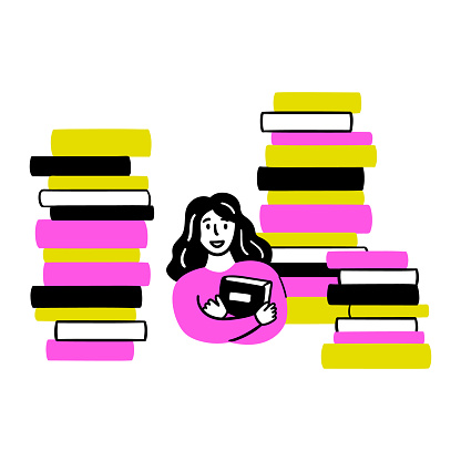 Cartoon Color Educational and Self-Development Concept Scene with Character Girl Among Stacks of Books. Vector illustration