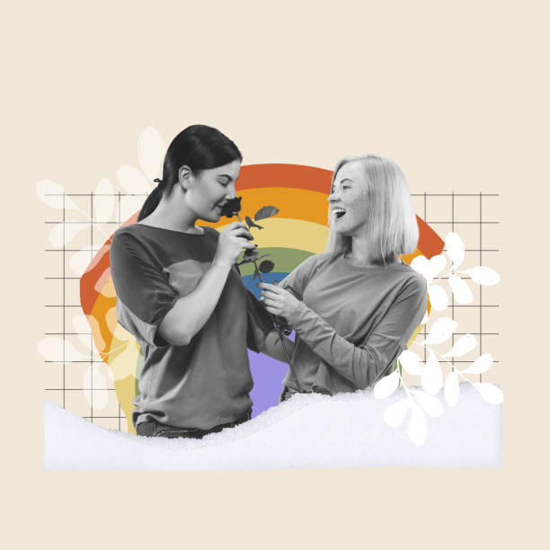 istock Two young women supporting lgbt community. Pastel background with rainbow element. Contemporary art collage. 1622647225