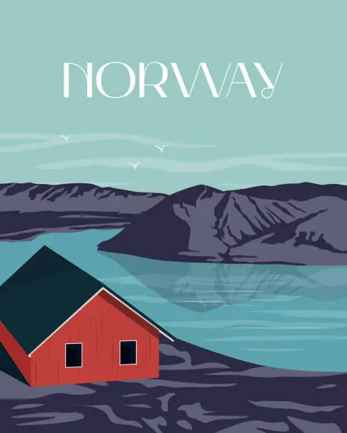 Vector illustration of Norway travel poster banner Lofoten