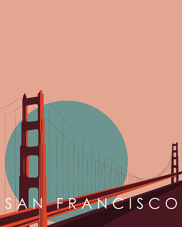 Vector illustration of travel poster San Francisco, Golden Gate Bridge, USA. Design for postcard, banner, poster. Vintage design.