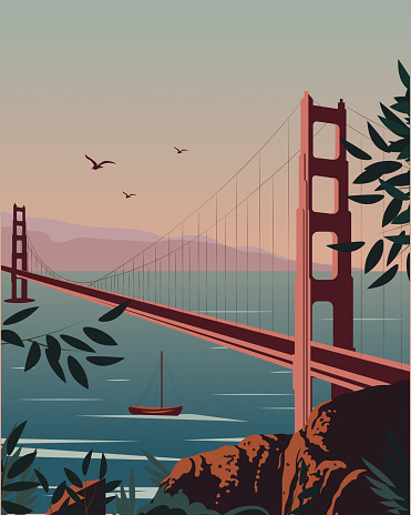 Vector illustration. San Francisco, California. Golden Gate Bridge, poster, banner, background for a postcard.