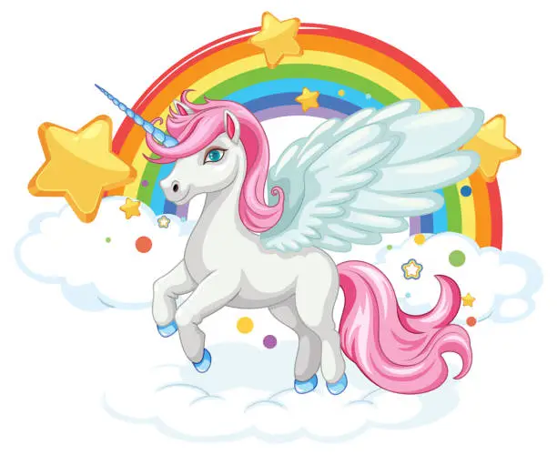 Vector illustration of Cute Rainbow Cartoon with Flying Unicorn