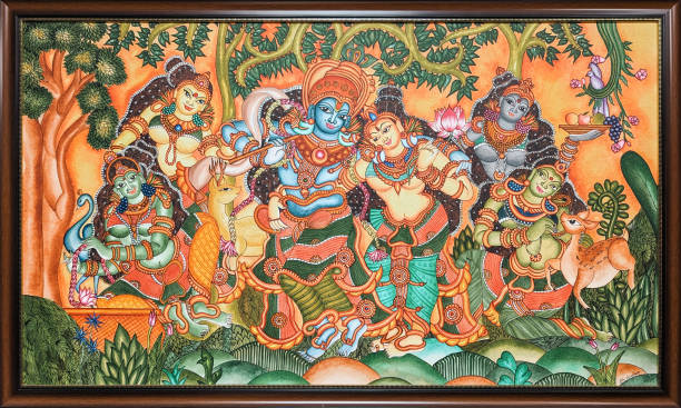 a vintage mural painting of lord krishna a vintage mural painting of lord krishna with male and female gods called devas with traditional bright colors in a wooden frame pictures of krishna stock pictures, royalty-free photos & images