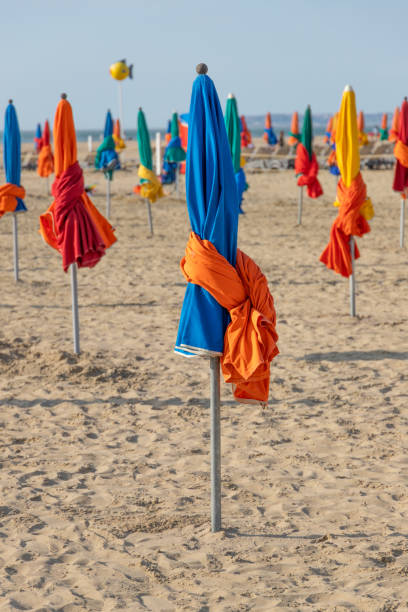 colourful closed sunshades on a beach