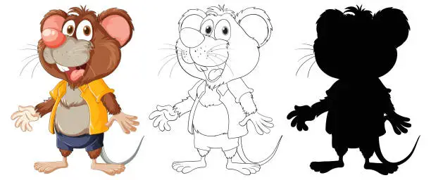Vector illustration of Cute Rat Cartoon Characters Set with Outline and Silhouette