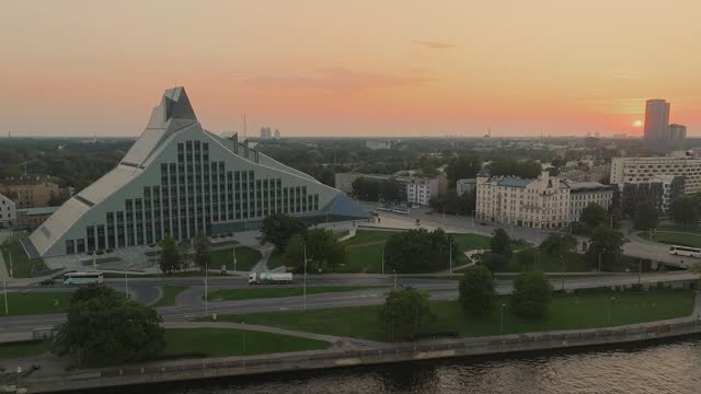 Aerial sunset view over the Riga National library.