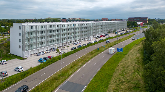 Amersfoort, The Netherlands- August 17th 2023: Drone photos of the newly build apartment complex buildings called: \
