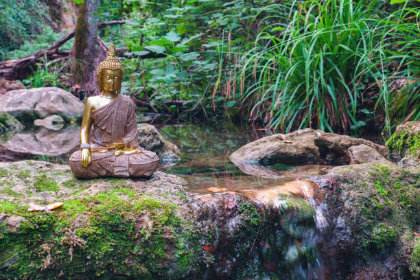 istock Buddha statue sitting in a mountain river meditating on a waterfall 1622701466