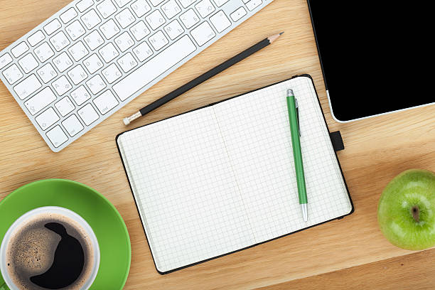 istock Office supplies, devices, coffee cup and apple 162271286