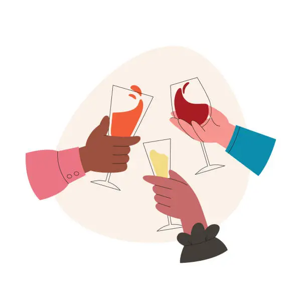 Vector illustration of International company of friends cheering with alcohol drinks celebrating holiday