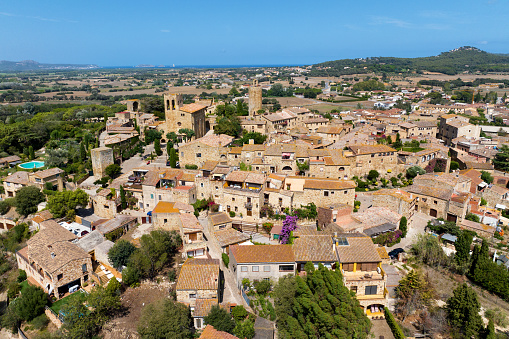 Aerial panorama at medieval town of Pals, located in Catalonia, northern Spain in Baix Emporda, Costa Brava, Girona, Catalonia, Spain.