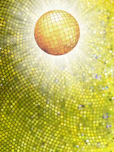 Vector illustration of Gold disco ball on burst with mosaic detail. EPS 8