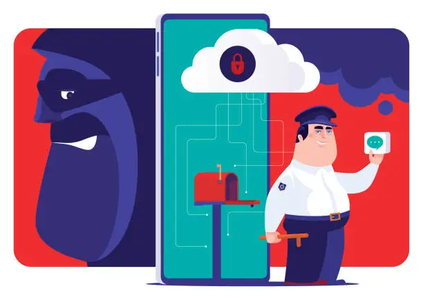 Vector illustration of security guard standing beside mailbox on smartphone while hacker hiding