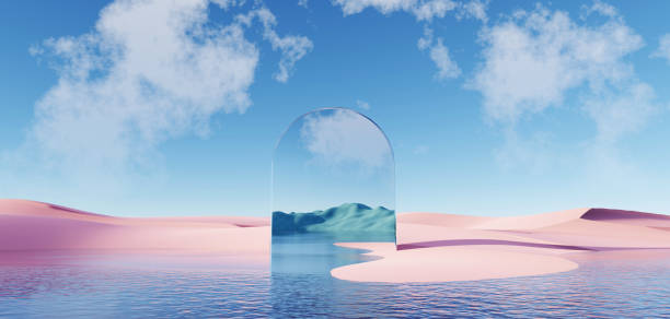 istock 3d render Surreal pastel landscape background with geometric shapes, abstract fantastic desert dune in seasoning landscape with arches, panoramic, futuristic scene with copy space, blue sky and cloudy 1622760572