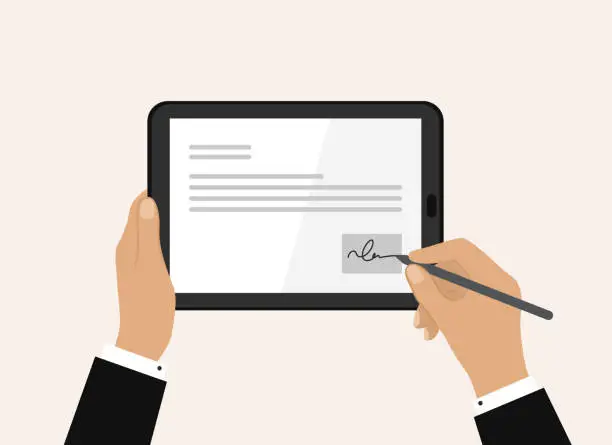 Vector illustration of Businessman Signing Document With Digital Signature On Tablet.  Electronic Contract And Electronic Signature Concept