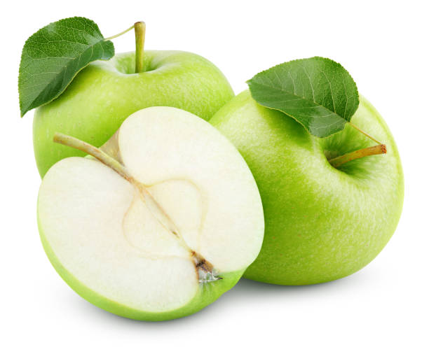 istock Green apple fruit with half and green leaf isolated on white 1622768030