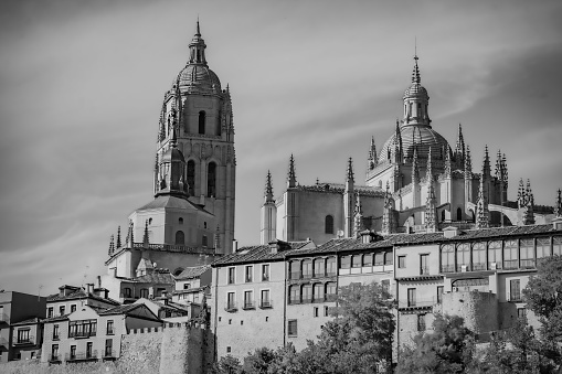 Segovia, Spain – January 22, 2022: The cathedral of Saint Mary Segovia in the city of Segovia in Castilla y Leon, Spain in grayscale