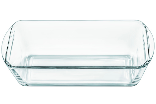 Long narrow, medium size, rounded rectangle, clear glass empty cake baking dish, isolated on white background, side view.