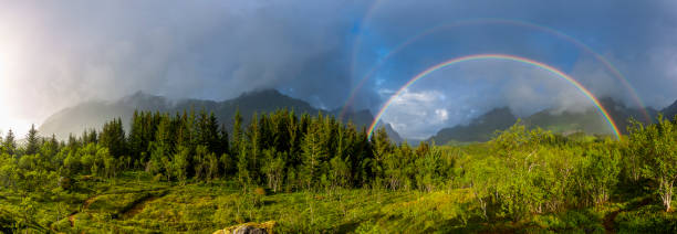 istock Rainbow over wooded landscape and hills 1622790378