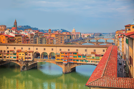 Panoramic view of Florence with  Ponte Vecchio over Arno river -  Florence, Italy