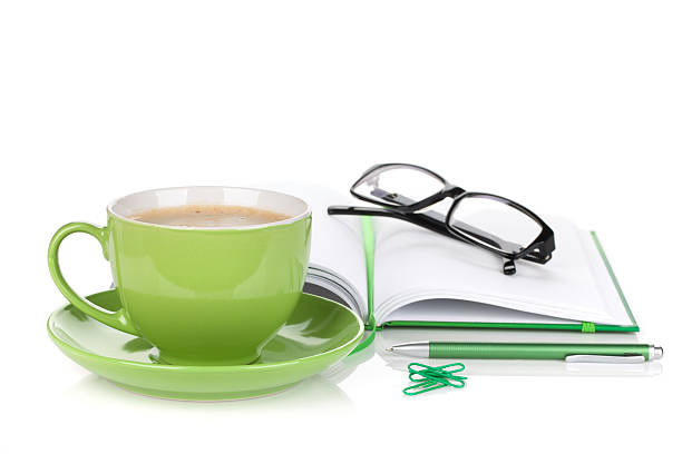 istock Green coffee cup, glasses and office supplies 162280953