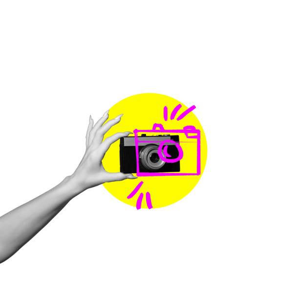 istock Female hand holding retro camera over white background with colorful element. Taking shoots. Contemporary art collage. 1622811433