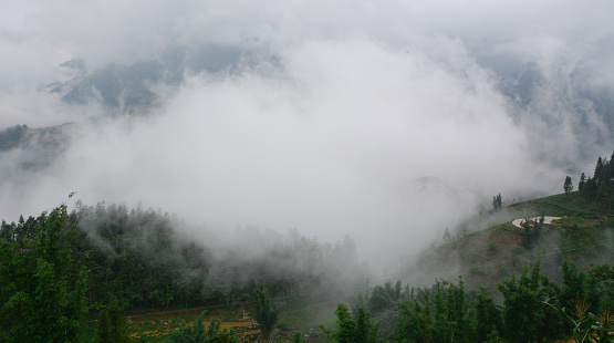 Mountain scenery with fog in Sapa Township, Northern Vietnam