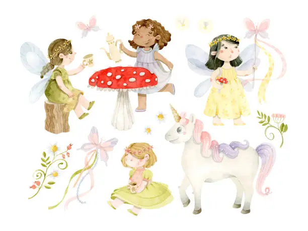 Vector illustration of Watercolor fairies at tea party with unicorn, butterfly wand and floral branch